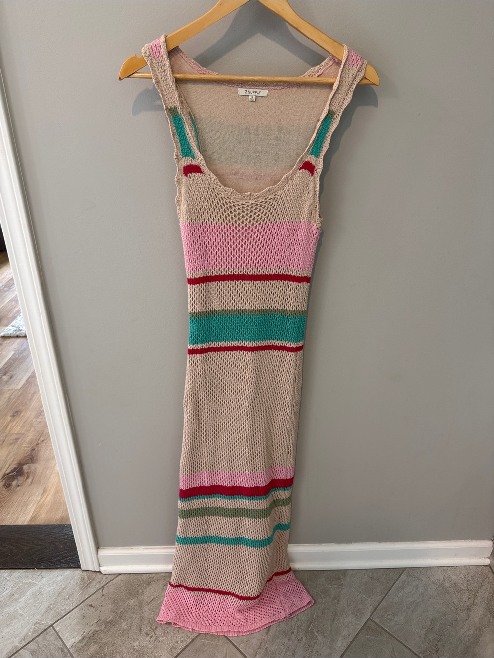 Z Supply Beige Maxi Knit Dress with Pink, Teal & Red Stripes